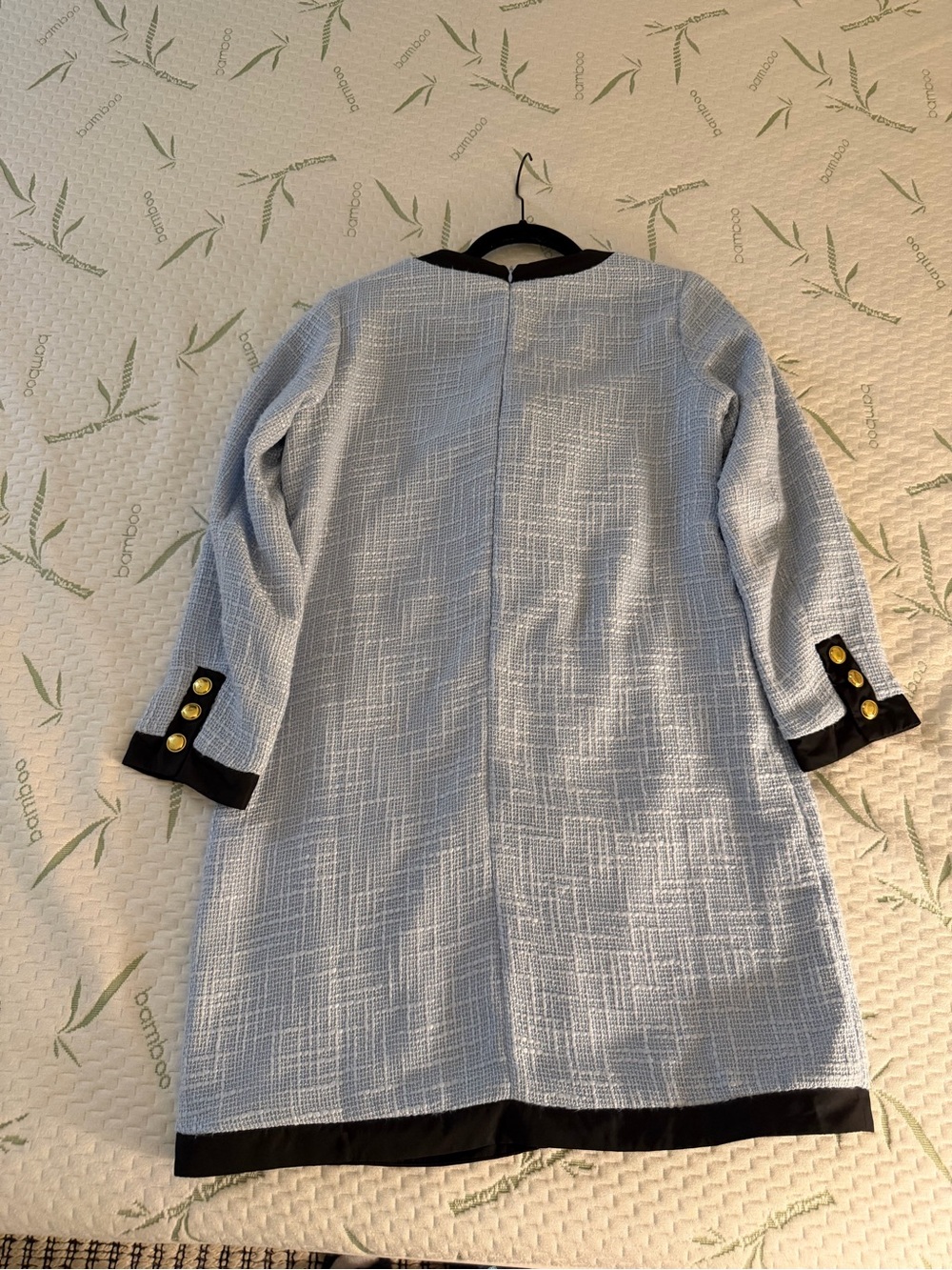 Tuckernuck Women's Light Blue Tweed Dress with Black Trim and Gold Buttons - Picture 3 of 3